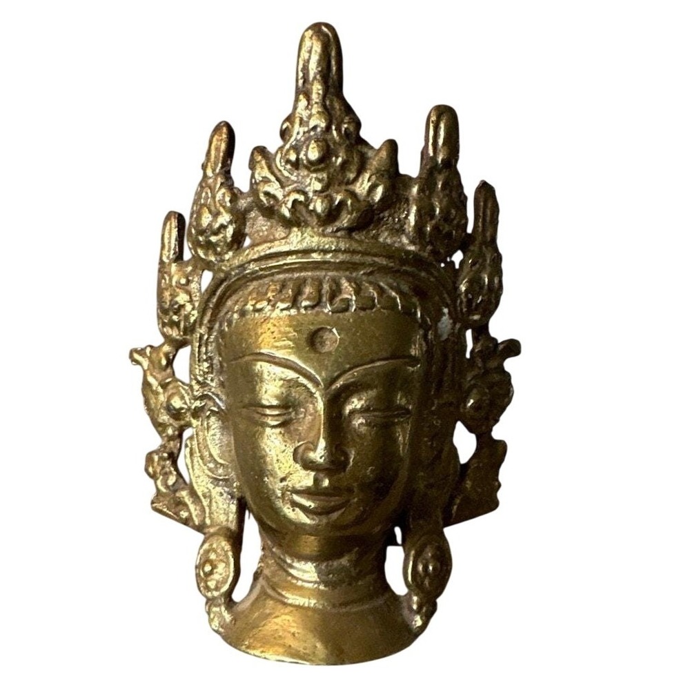 Vintage Brass Crowned‎ Buddha Head Statue 3.25" Himalayan Style Bodhisattva Bust